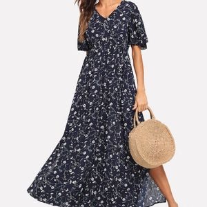 Flutter Sleeve Slit Side Daisy Print Dress